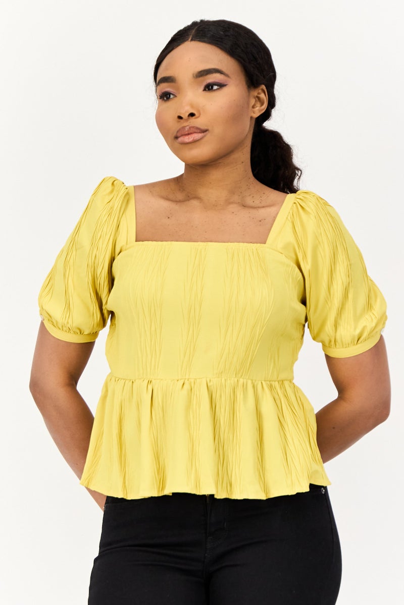 ONLY Women Square Neck Short Sleeves Textured Top, Mustard  - Image 1