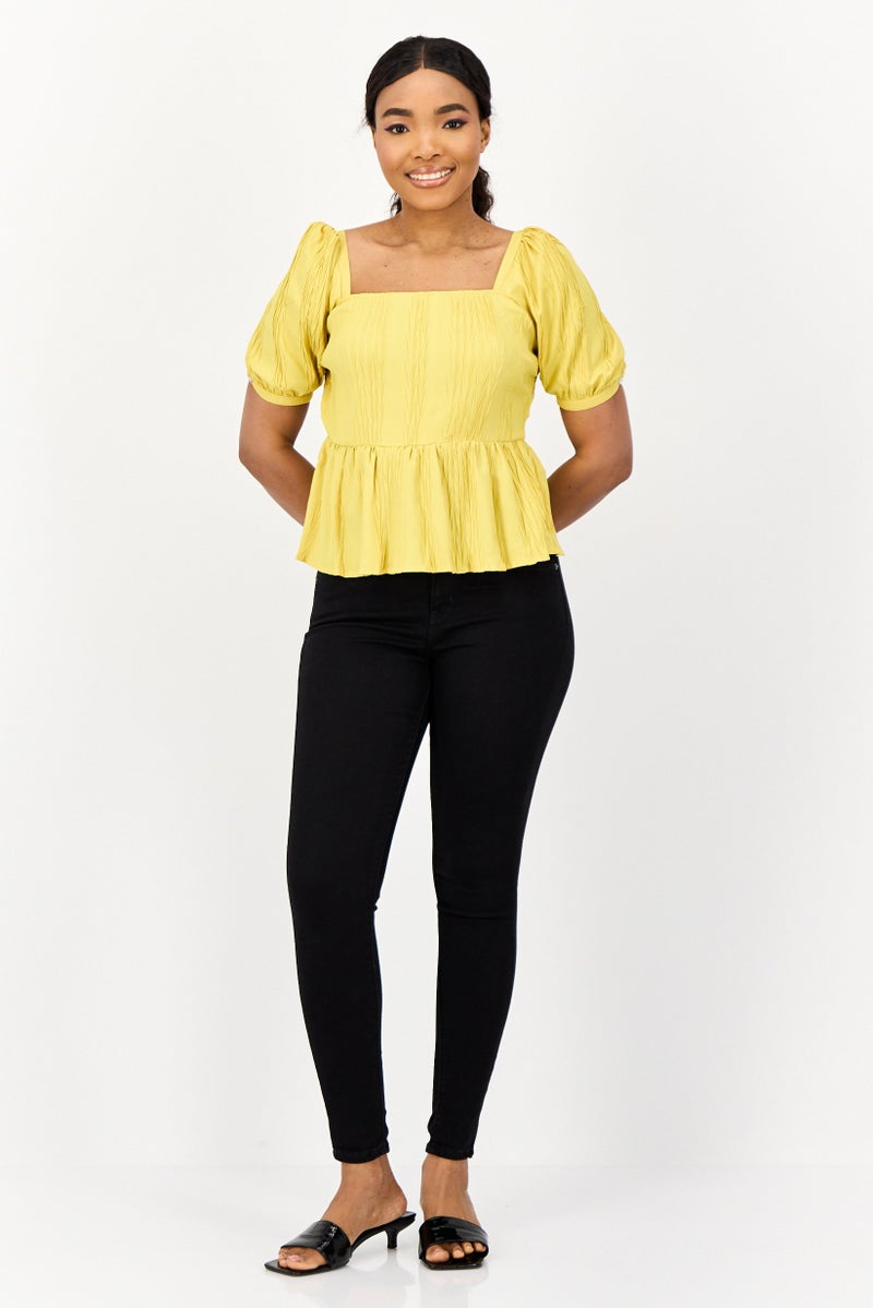 ONLY Women Square Neck Short Sleeves Textured Top, Mustard  - Image 3