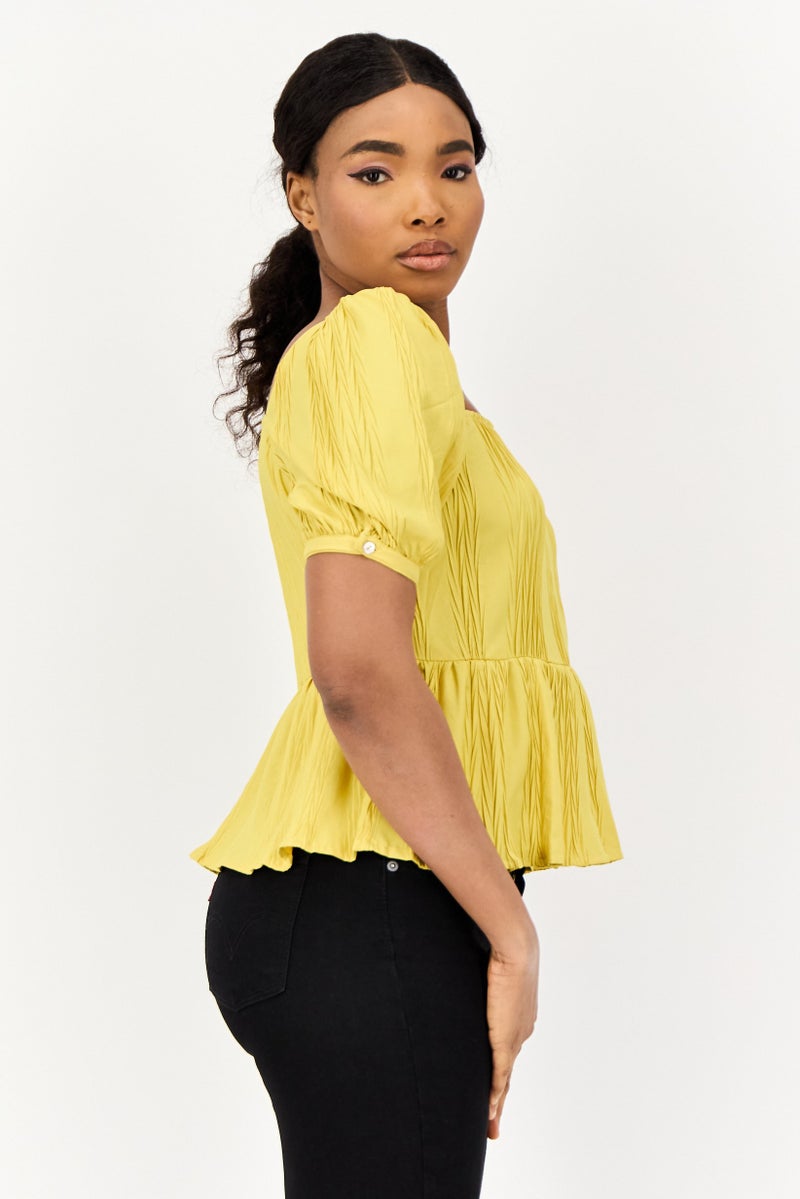 ONLY Women Square Neck Short Sleeves Textured Top, Mustard - Image 4