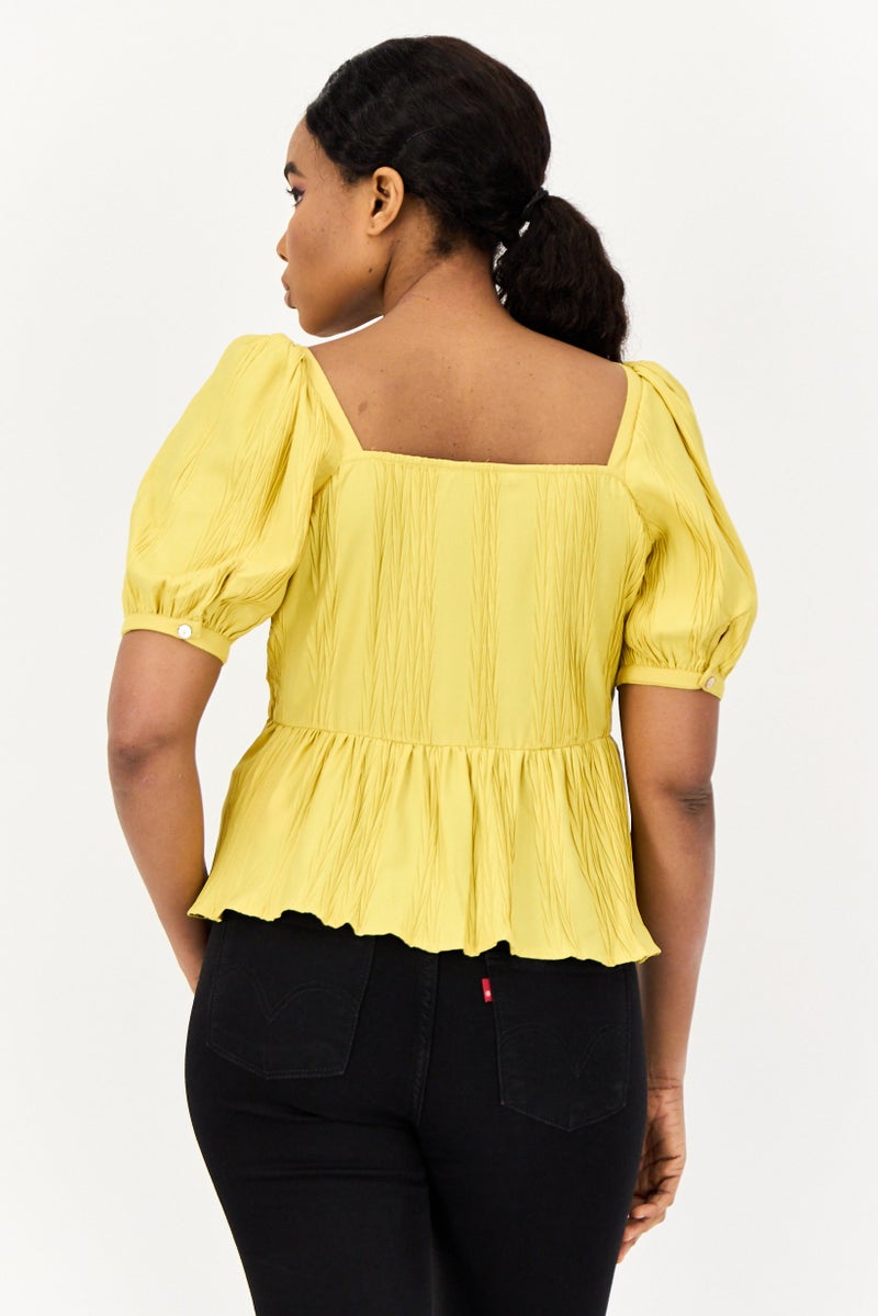 ONLY Women Square Neck Short Sleeves Textured Top, Mustard - Image 2