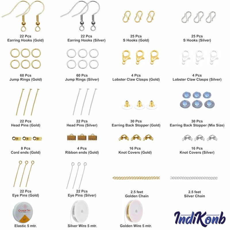 INDIKONB طقم صنع المجوهرات INDIKONB | مكونات معدنية ذهبية وفضية للحرف اليدوية، مستلزمات الخرز للقلائد، الأساور والأقراط (مكونات + أدوات) - Image 3