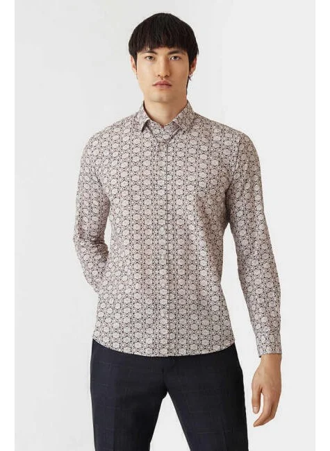 Bisse Men's Regular Fit Long Sleeve Patterned Sports Shirt BEIGE GM22Y221161_K07