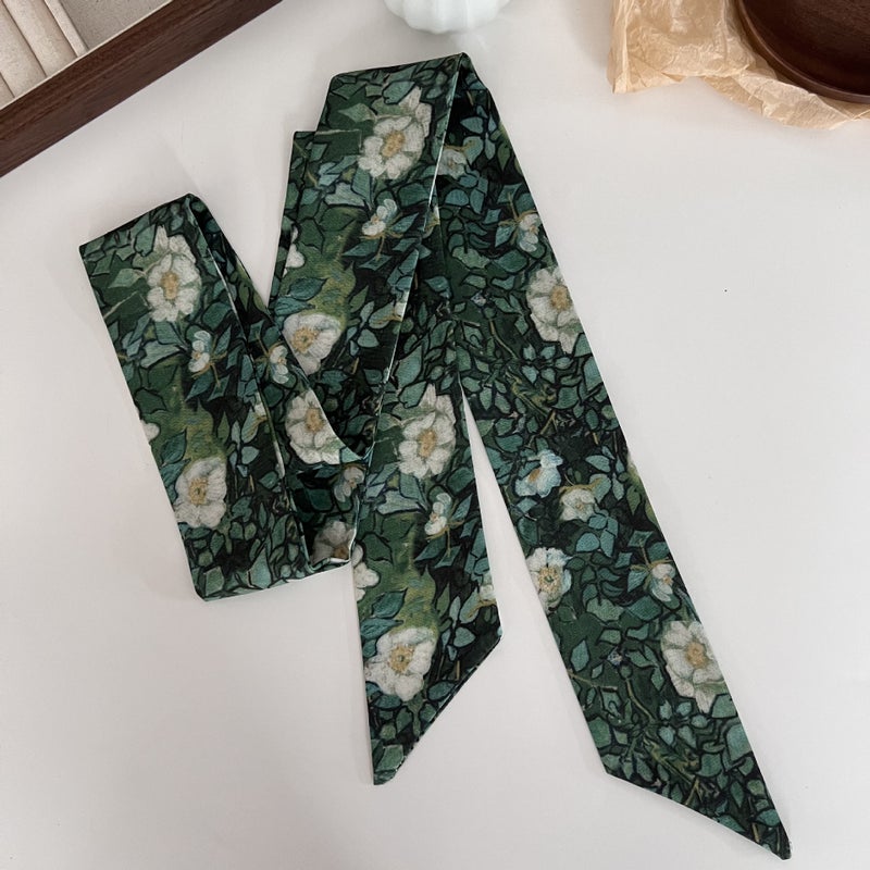 Generic High-grade oil painting small silk scarf hair band womens national style thin narrow long hair band tie hair ribbon tie bag silk scarf headdress 4# Wild Rose