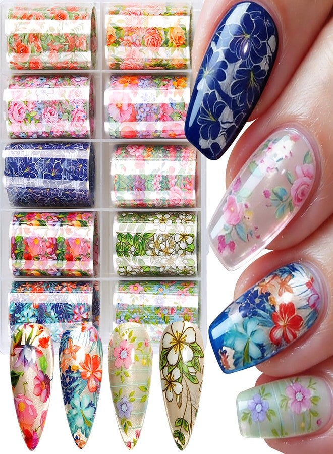 LYLYNB 10 Rolls Flowers Nail Transfer Foil Stickers Set Spring Summer Theme Nail Art Foils Decals Rose Flower Daisy Butterfly Nail Foil Transfers Cute Floral Manicure Art Supplies Decorations for Women - Image 1