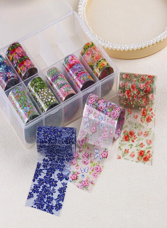 LYLYNB 10 Rolls Flowers Nail Transfer Foil Stickers Set Spring Summer Theme Nail Art Foils Decals Rose Flower Daisy Butterfly Nail Foil Transfers Cute Floral Manicure Art Supplies Decorations for Women - Image 2