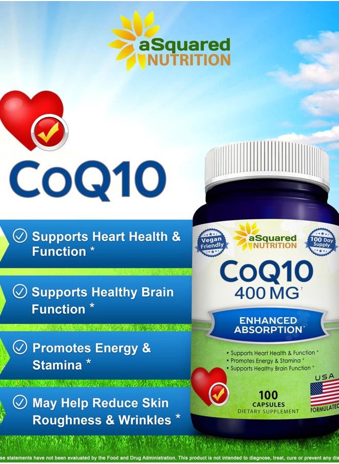 aSquared Nutrition - CoQ10 (400mg Max Strength, 100 Veggie Capsules) - High Absorption Coenzyme Q10 Powder - Ubiquinone Supplement Pills, Extra Antioxidant CO Q-10 Enzyme Vitamin Tablets, Coq 10 400 mg - Image 1