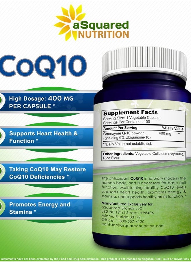aSquared Nutrition - CoQ10 (400mg Max Strength, 100 Veggie Capsules) - High Absorption Coenzyme Q10 Powder - Ubiquinone Supplement Pills, Extra Antioxidant CO Q-10 Enzyme Vitamin Tablets, Coq 10 400 mg - Image 1