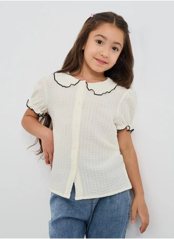 ستايلي Styli Girls Textured Peter Pan Collar Blouse with Lettuce Edge