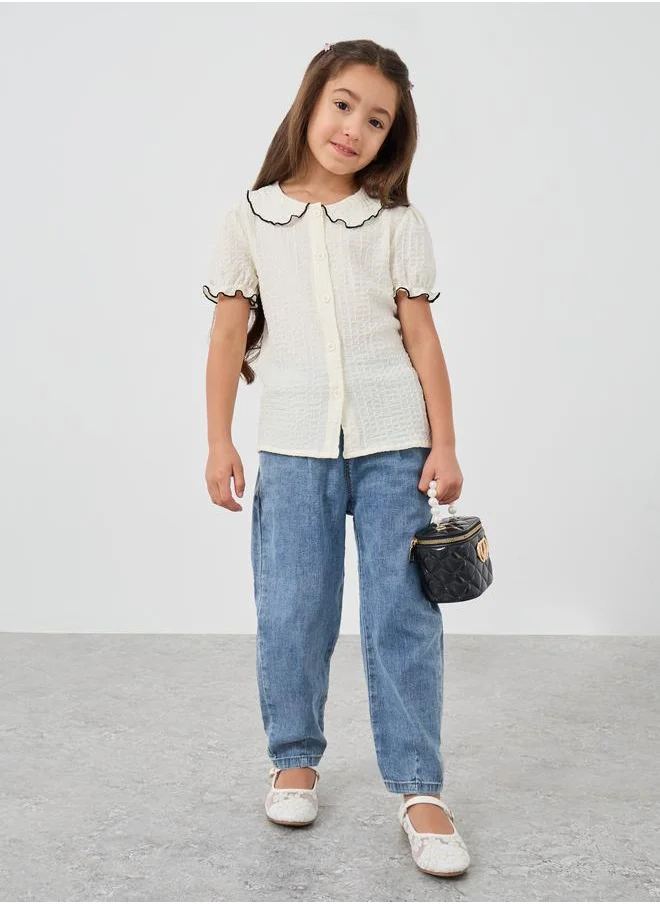 ستايلي Styli Girls Textured Peter Pan Collar Blouse with Lettuce Edge