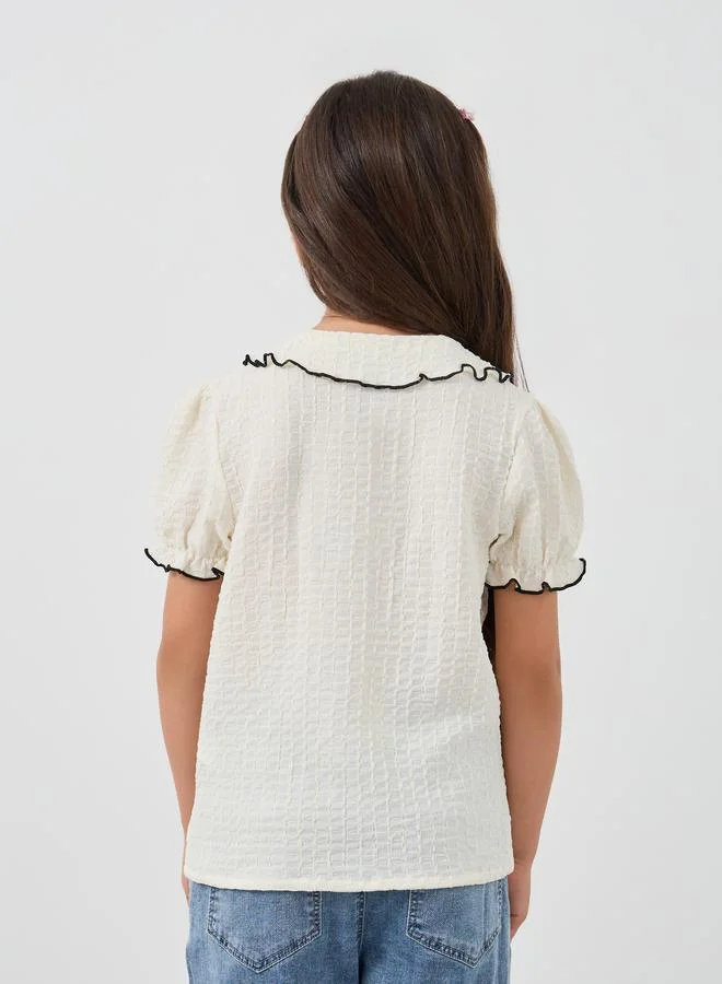 Styli Styli Girls Textured Peter Pan Collar Blouse with Lettuce Edge