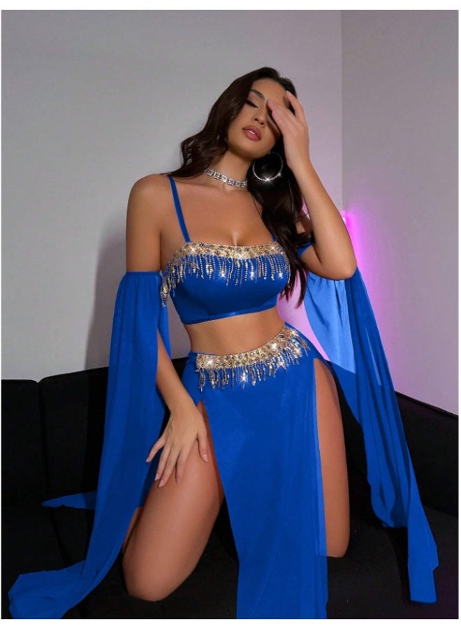 3 Piece Sparkly Tassel Chiffon Swimwear Set, Off Shoulder Sheer Sleeve Cover Up Bikini, Elegant Beach Party Outfit for Women - Image 4