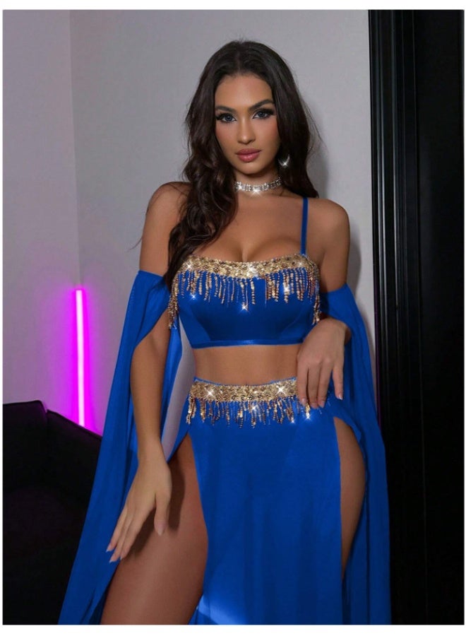 3 Piece Sparkly Tassel Chiffon Swimwear Set, Off Shoulder Sheer Sleeve Cover Up Bikini, Elegant Beach Party Outfit for Women - Image 3