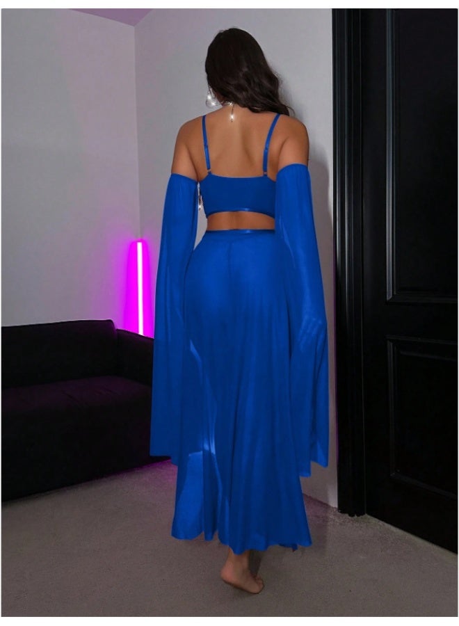 3 Piece Sparkly Tassel Chiffon Swimwear Set, Off Shoulder Sheer Sleeve Cover Up Bikini, Elegant Beach Party Outfit for Women - Image 2