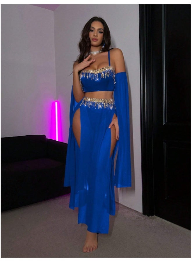 3 Piece Sparkly Tassel Chiffon Swimwear Set, Off Shoulder Sheer Sleeve Cover Up Bikini, Elegant Beach Party Outfit for Women - Image 5