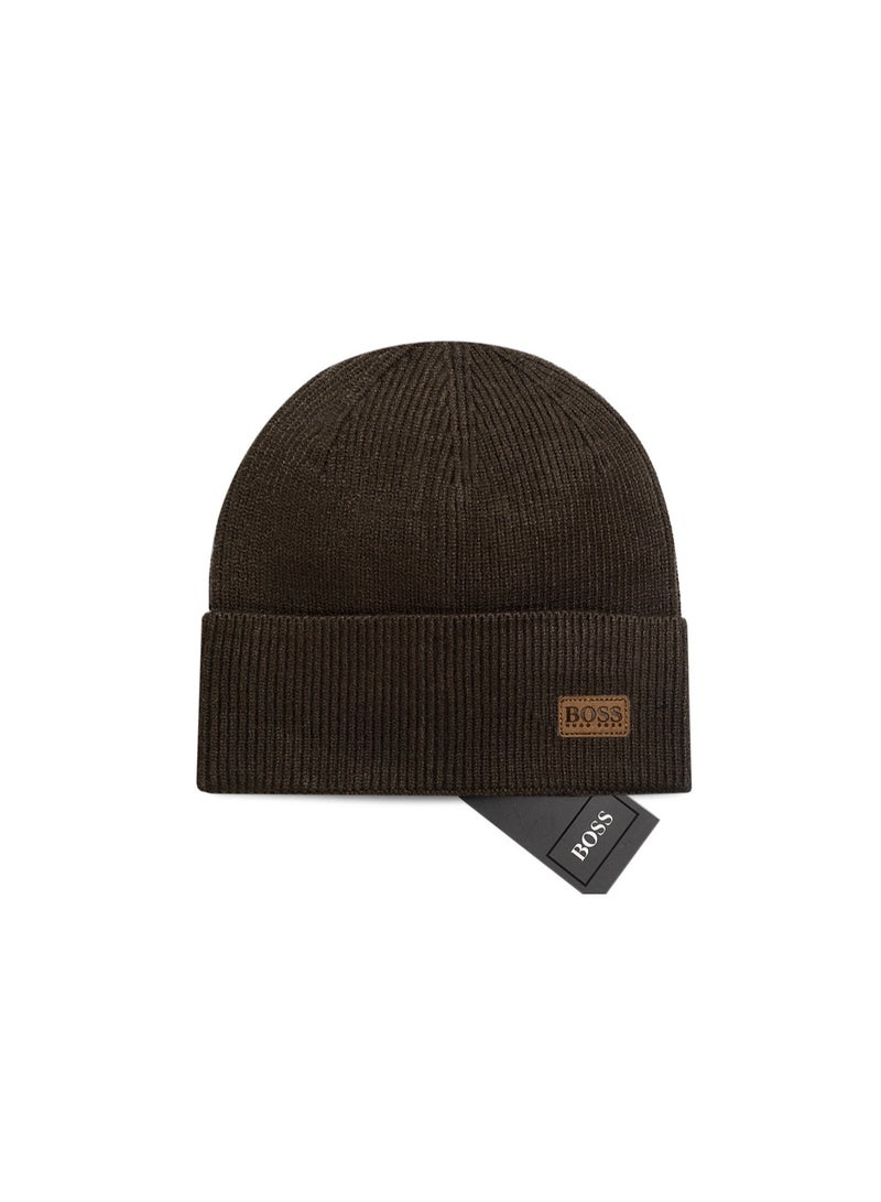 BOSS Dark Brown Knit Beanie - Leather Logo Warm Cuff Beanie
