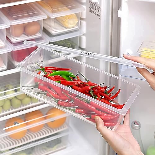 KWER Fridge Storage Boxes Fridge Organizer With Removable Drain Plate Fridge Storage Containers Keeps Fruits, Vegetables, Meat, Fish Fresh Longer 1500 Ml Container Box(Pack Of 6, Plastic),Clear - Image 1