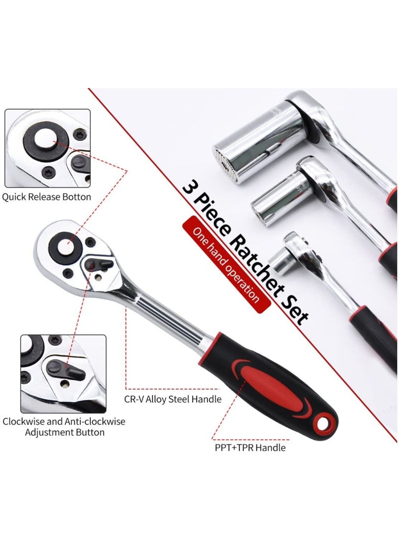 KASTWAVE مجموعة ربط، 3 قطع مجموعة أدوات ربط مهنية قوية، مفتاح ربط قوي 1/4"، 3/8"، 1/2"، مقبض ربط سريع الإطلاق قابل للعكس، بناء من كروم فانواديوم وطلاء كروم  - Image 4