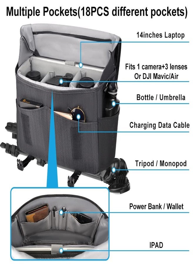 CADeN DSLR/SLR Camera Shoulder Bag with 14inch Laptop Compartment, Camera Messenger Bag with Tripod Holder Rain Cover Waterproof, Compatible for Canon Nikon Sony Mirrorless Cameras Black - Image 2