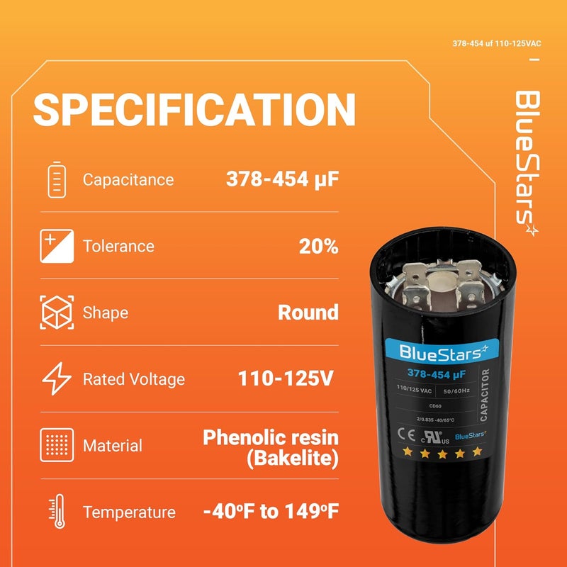 BlueStars 378-454 uf/MFD 110-125 VAC Volt Round Motor Start Capacitor Replacement - Perfect Fit for Single Phase Electric Motor and Gear Motor Applications - Image 3