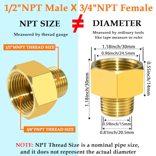 MARRTEUM Brass Pipe Fitting Adapter 1/2" NPT Male to 3/4" NPT Female Reducer Connector, 2pcs - Image 2