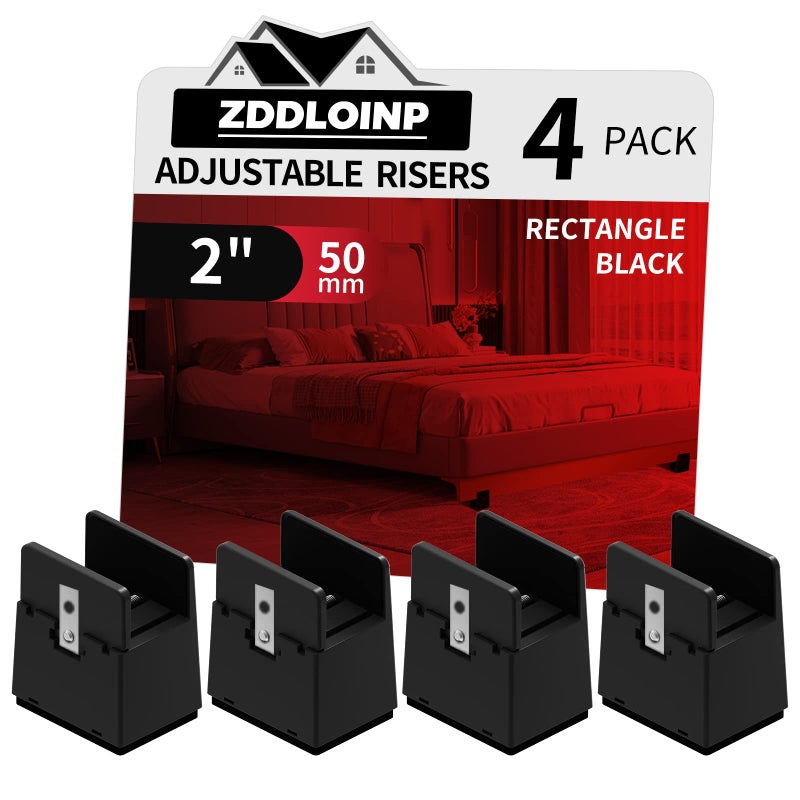 ZDDLOINP Bed Risers with Adjustable Screw Clamp Fits Furniture Frame from 0 to 15 Inch Furniture Risers 2 Inch Heavy Duty Risers for Square Round Straight Furniture Legs Support up to 5000Ibs 4Pack Black