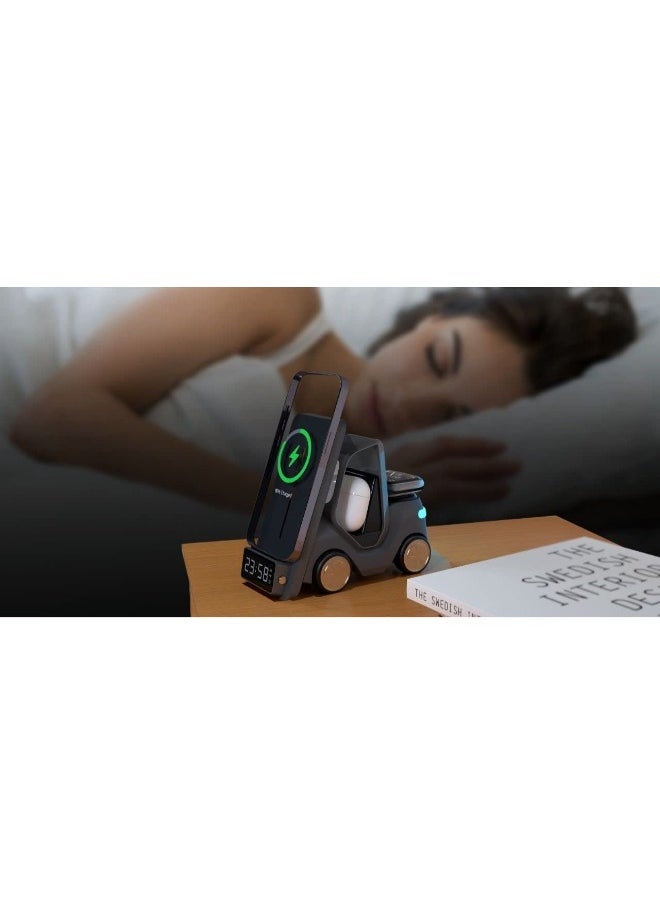 TIGER 5 in 1 Wireless Charging Station Desktop Wireless Fast Charging Stand for Mobile Phone/Headset/Watch Charging with Bright Lights Multi-Function Alarm Clock - Image 5