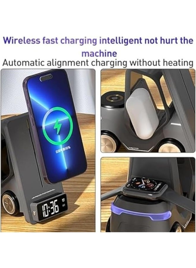 TIGER 5 in 1 Wireless Charging Station Desktop Wireless Fast Charging Stand for Mobile Phone/Headset/Watch Charging with Bright Lights Multi-Function Alarm Clock - Image 3