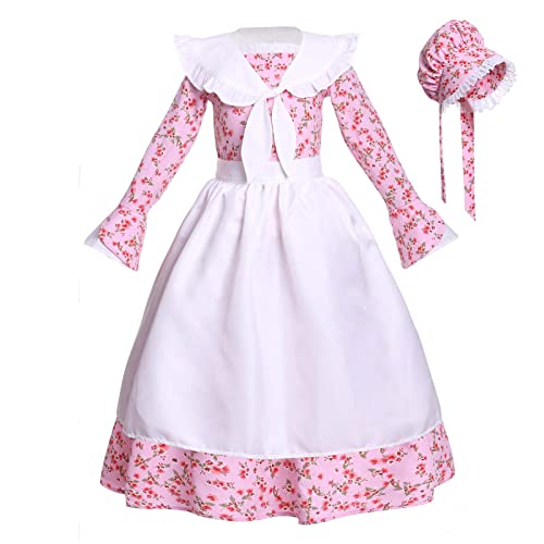 Vibsion Girls Prairie Pioneer Costume Pilgrim Dress Kids Floral Colonial Village Girl Costume Bonnet Apron Set Halloween - Image 1