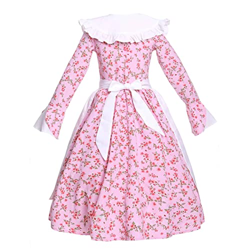 Vibsion Girls Prairie Pioneer Costume Pilgrim Dress Kids Floral Colonial Village Girl Costume Bonnet Apron Set Halloween - Image 2