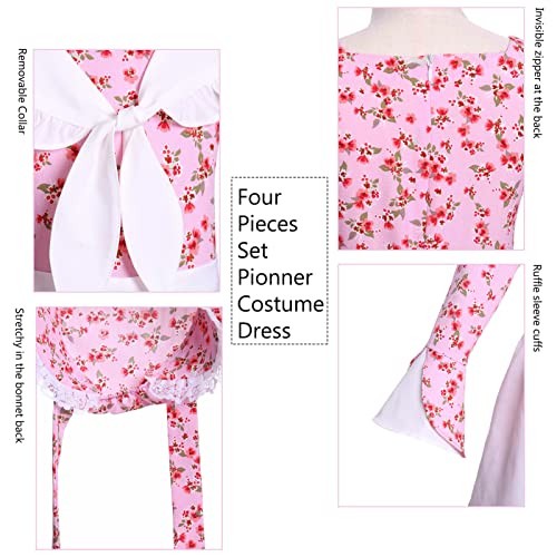 Vibsion Girls Prairie Pioneer Costume Pilgrim Dress Kids Floral Colonial Village Girl Costume Bonnet Apron Set Halloween - Image 4