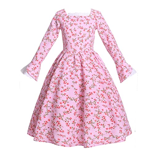 Vibsion Girls Prairie Pioneer Costume Pilgrim Dress Kids Floral Colonial Village Girl Costume Bonnet Apron Set Halloween - Image 3