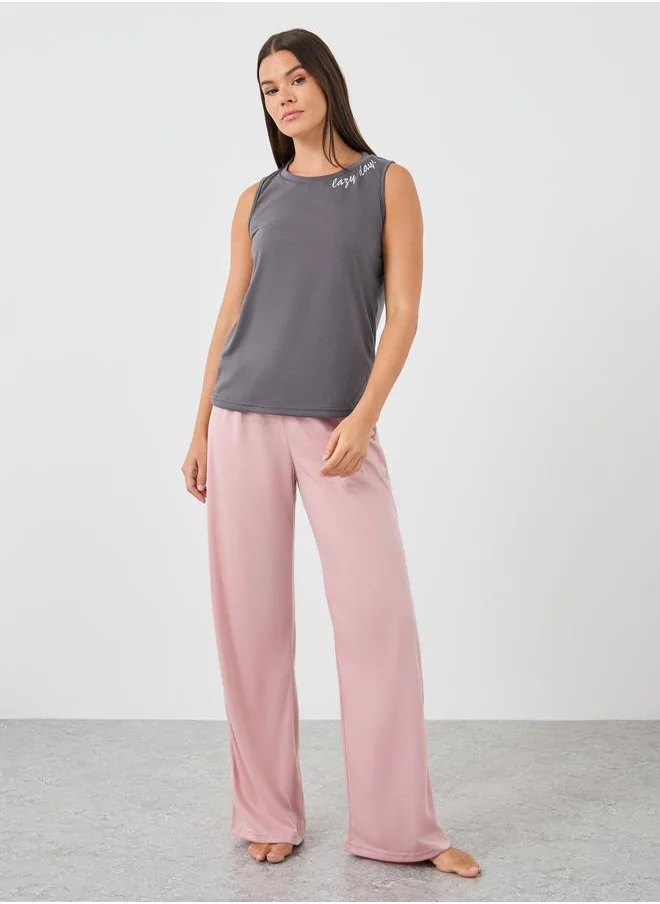 ستايلي Styli Slogan Print Round Neck Tank and Pyjama Set