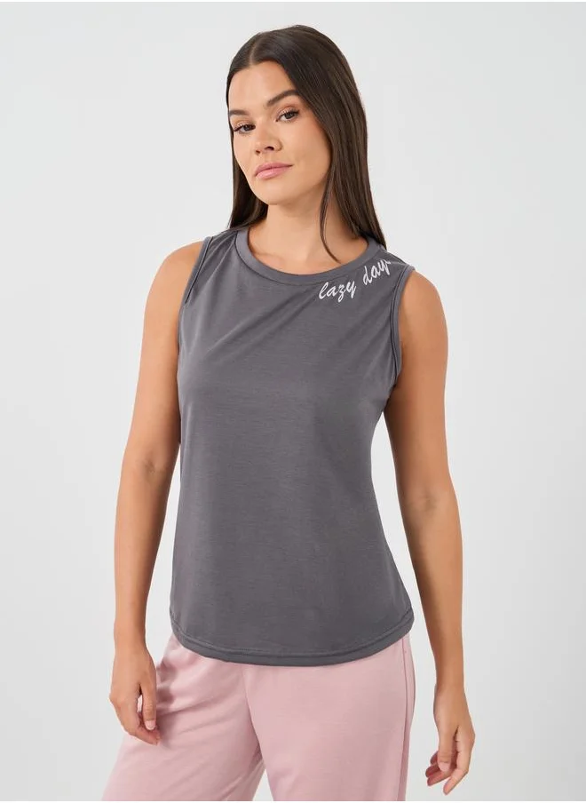 ستايلي Styli Slogan Print Round Neck Tank and Pyjama Set