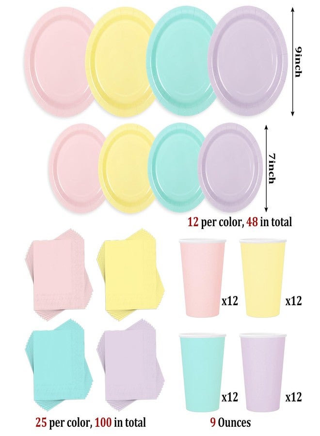 Whaline 244Pcs Pastel Tableware Set Serves 48 4 Colors Disposable Dinnerware 48 9" Plates 48 7" Plate 48 9oz Cups 100 Napkins for Wedding Birthday Party Supplies - Image 2