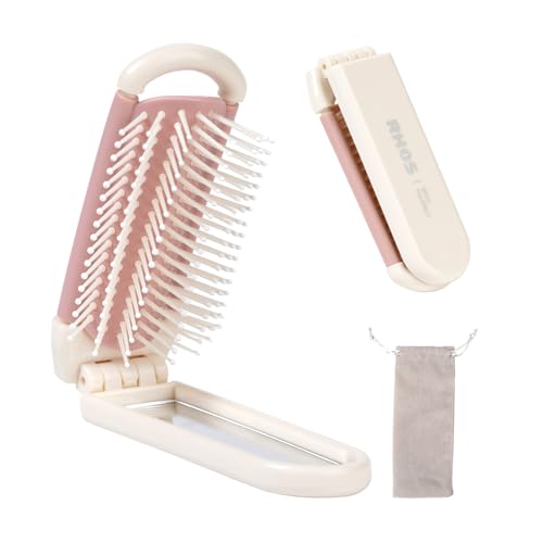 RHOS Folding Brush with Mirror for Women Girls  Mini Hair Brush for Purse Small Pocket Brush with Soft Nylon Bristles and Mirror for Travel Beige