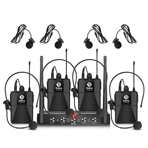D Debra Audio AU400 Pro UHF 4 Channel Wireless Microphone System with Cordless Handheld Lavalier Headset Mics, Metal Receiver, Ideal for Karaoke Church Party (with 4 Bodypack (B)) - Image 1