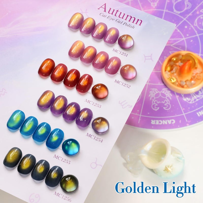 Double Rhythm Cat Eye Gel Nail Polish Set of 6 Same Color Same Bottle 0.5 Oz Shimmer Glitter with Magnet Holographic Reflective Magnetic UV Nail Polish Kit at Home (Golden Autumn Brown-T6-57) - Image 5