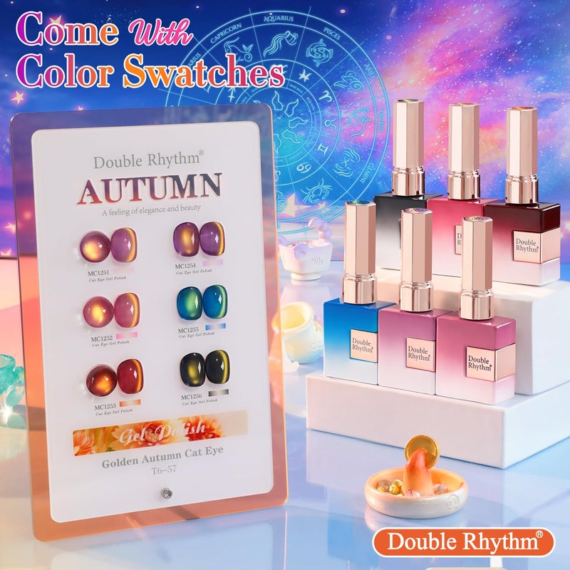 Double Rhythm Cat Eye Gel Nail Polish Set of 6 Same Color Same Bottle 0.5 Oz Shimmer Glitter with Magnet Holographic Reflective Magnetic UV Nail Polish Kit at Home (Golden Autumn Brown-T6-57) - Image 2