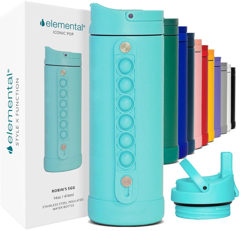Elemental Iconic Kids Water Bottle with Straw Lid  Stress Relief Pop It Handle LeakProof When Closed Triple Insulated Kids Stainless Steel Water Bottle For Girls and Boys 14oz  Robins Egg