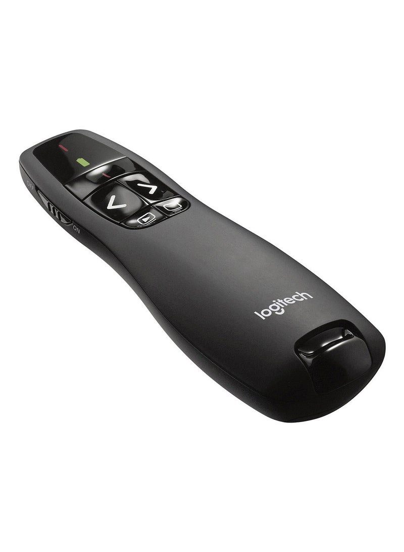 لوجيتيك جهاز تحكم  عن بعد R400 لاسلكي لعروض التقديم، تردد 2.4 جيجاهرتز ومستقبل USB ومؤشر ليزري أحمر ويعمل بنطاق 15 متر ويضم 6 أزرار وتحكم سهل بعرض الشرائح ومؤشر للبطارية كما أنه متوافق مع جهاز الكمبيوتر أسود - Image 1