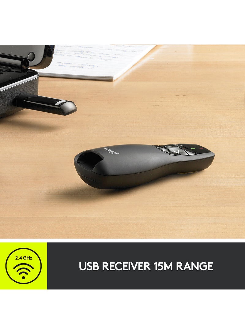 لوجيتيك جهاز تحكم  عن بعد R400 لاسلكي لعروض التقديم، تردد 2.4 جيجاهرتز ومستقبل USB ومؤشر ليزري أحمر ويعمل بنطاق 15 متر ويضم 6 أزرار وتحكم سهل بعرض الشرائح ومؤشر للبطارية كما أنه متوافق مع جهاز الكمبيوتر أسود - Image 5