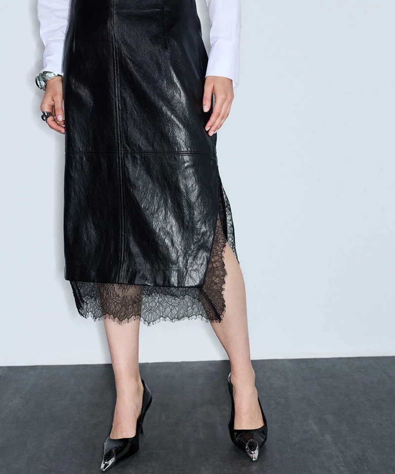 Ipekyol Lace-Trim Faux-Leather Skirt