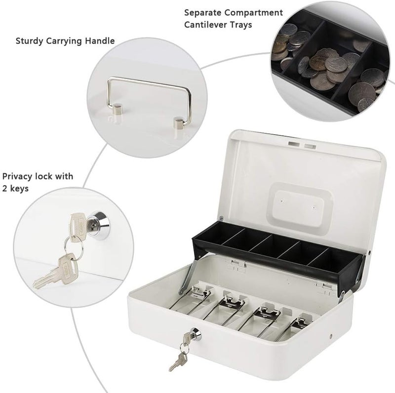 KYODOLED Locking Cash Box with Lock,Money Box with Cash Tray,Lock Safe Box with Key,Money Saving Organizer,11.81Lx 9.45Wx 3.54H Inches,White XL Large - Image 2