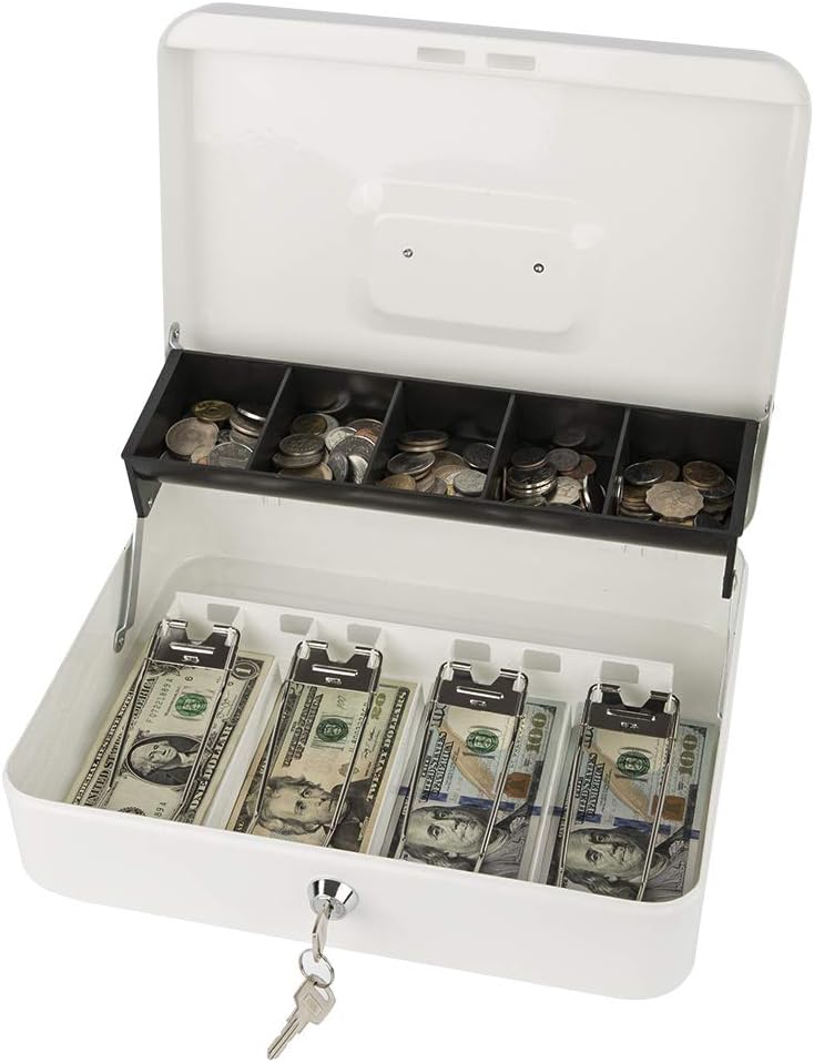 KYODOLED Locking Cash Box with Lock,Money Box with Cash Tray,Lock Safe Box with Key,Money Saving Organizer,11.81Lx 9.45Wx 3.54H Inches,White XL Large - Image 1