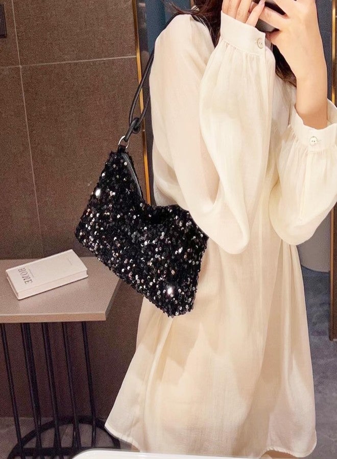 QTKJ Sequin Evening Bag for Women, Clutch Purses, Leather Shoulder Strap, Underarm Bag, Shoulder Bag for Wedding, Prom, Parties, Travel(Black) - Image 3