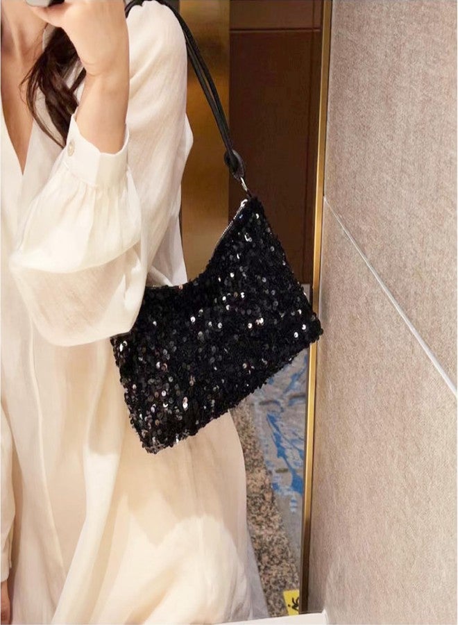 QTKJ Sequin Evening Bag for Women, Clutch Purses, Leather Shoulder Strap, Underarm Bag, Shoulder Bag for Wedding, Prom, Parties, Travel(Black) - Image 4