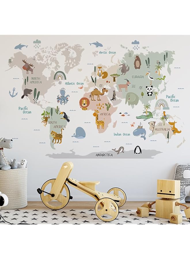 erorex Animal World Map Wall Stickers Cartoon Lion Bear Travel Wall Decals Baby Kids Bedroom Nursery Toddler Room Wall Sticker Decor - Image 1