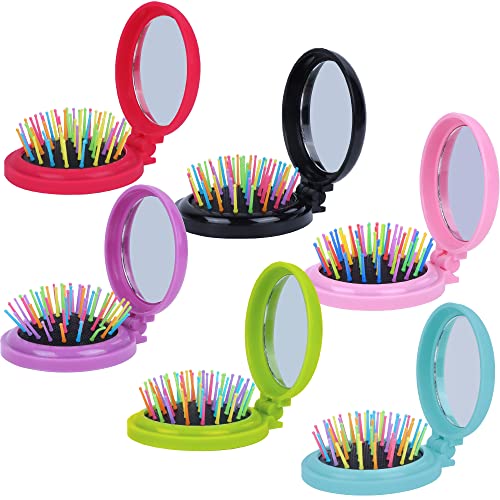Happy Trees 6 PCS Round Travel Hair Brush with Mirror Folding Pocket Hair Brush Mini Hair Comb with Makeup Mirror for Travel (Set of 6) (Dark Colours) - Image 1