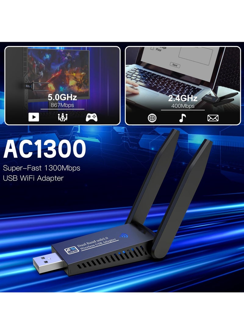 Generic Wireless USB WiFi Adapter, AC1300Mbps USB 3.0 WiFi Dual Band 5.8G/2.4G Wireless Network Adapter for Desktop PC, Mini WiFi Dongle for Windows 11/10/8/7, Mac OS 10.9-10.15  - Image 2