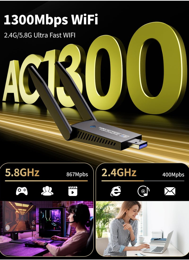Wireless USB WiFi Adapter, AC1300Mbps USB 3.0 WiFi Dual Band 5.8G/2.4G Wireless Network Adapter for Desktop PC, Mini WiFi Dongle for Windows 11/10/8/7, Mac OS 10.9-10.15